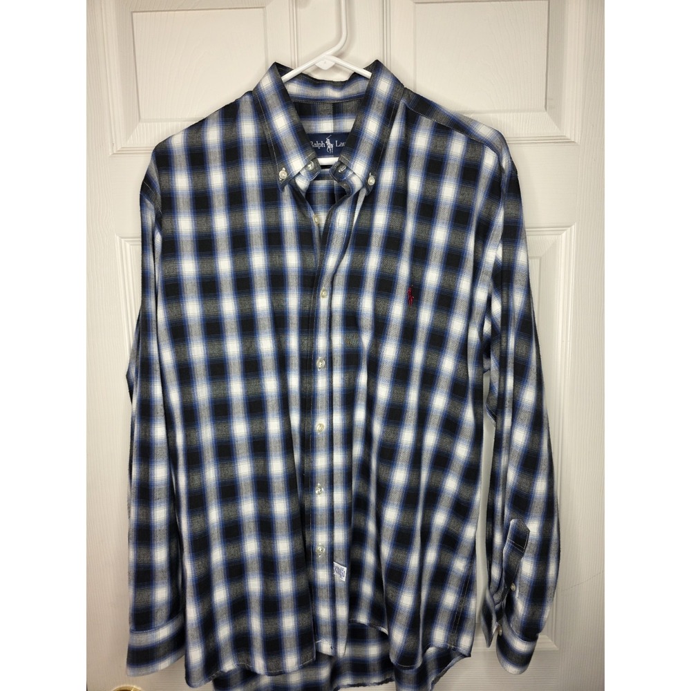 Ralph Lauren Men's Button Down LS Shirt Blue‎ Gray & White Plaid Size 16.5"-33"